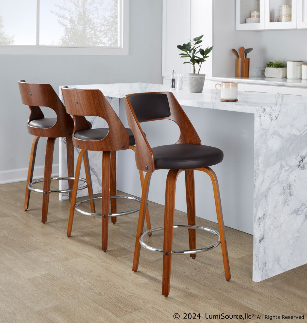 Cecina 26'' Fixed-Height Counter Stool - Set of 2 - Walnut Wood, Brown PU, Chrome Metal