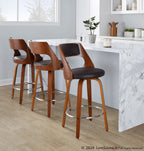 Cecina 26'' Fixed-Height Counter Stool - Set of 2 - Walnut Wood, Brown PU, Chrome Metal