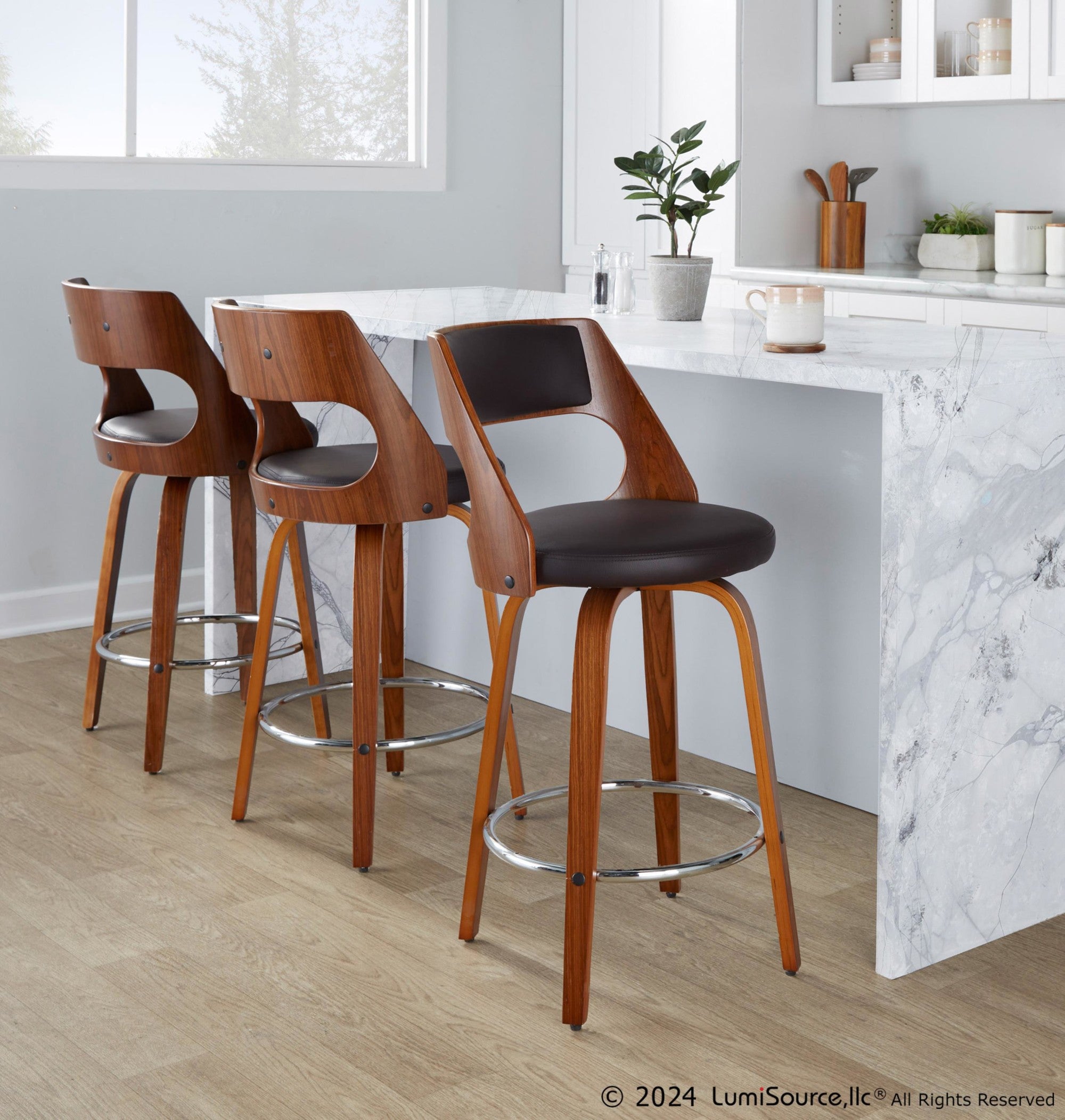 Cecina 26'' Fixed-Height Counter Stool - Set of 2 - Walnut Wood, Brown PU, Chrome Metal