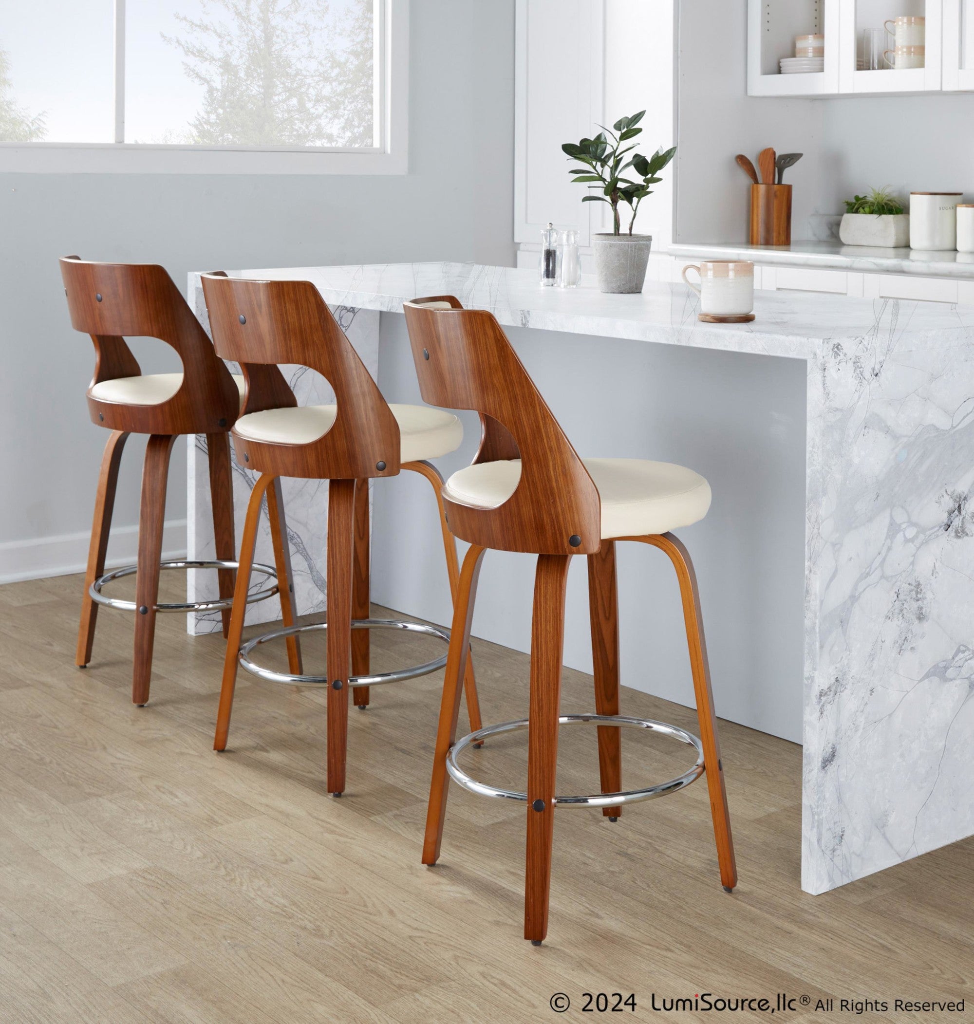 Cecina 26'' Fixed-Height Counter Stool - Set of 2 - Walnut Wood, Cream PU, Chrome Metal