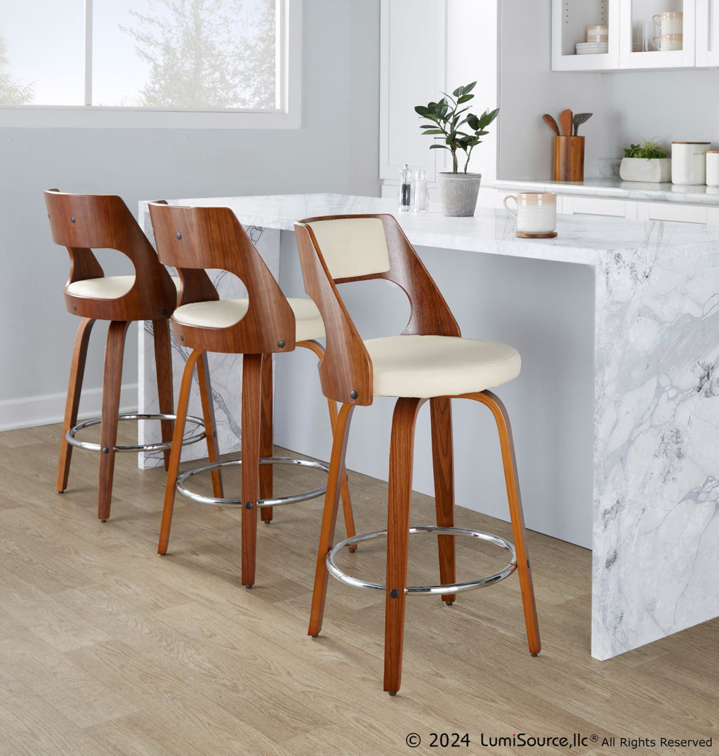 Cecina 26'' Fixed-Height Counter Stool - Set of 2 - Walnut Wood, Cream PU, Chrome Metal