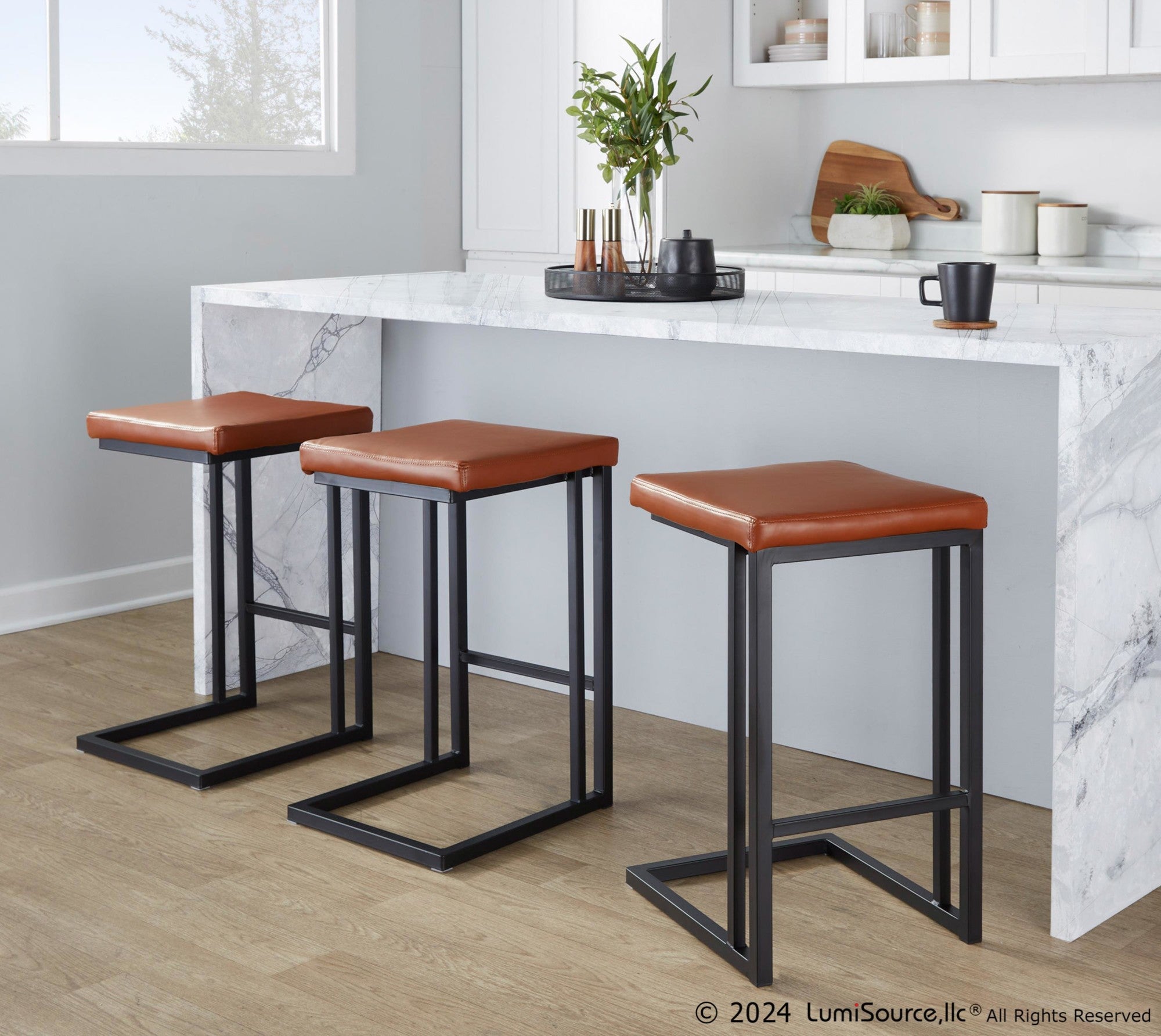 Roman 26" Fixed-Height Counter Stool - Set of 2 - Black Metal, Camel PU
