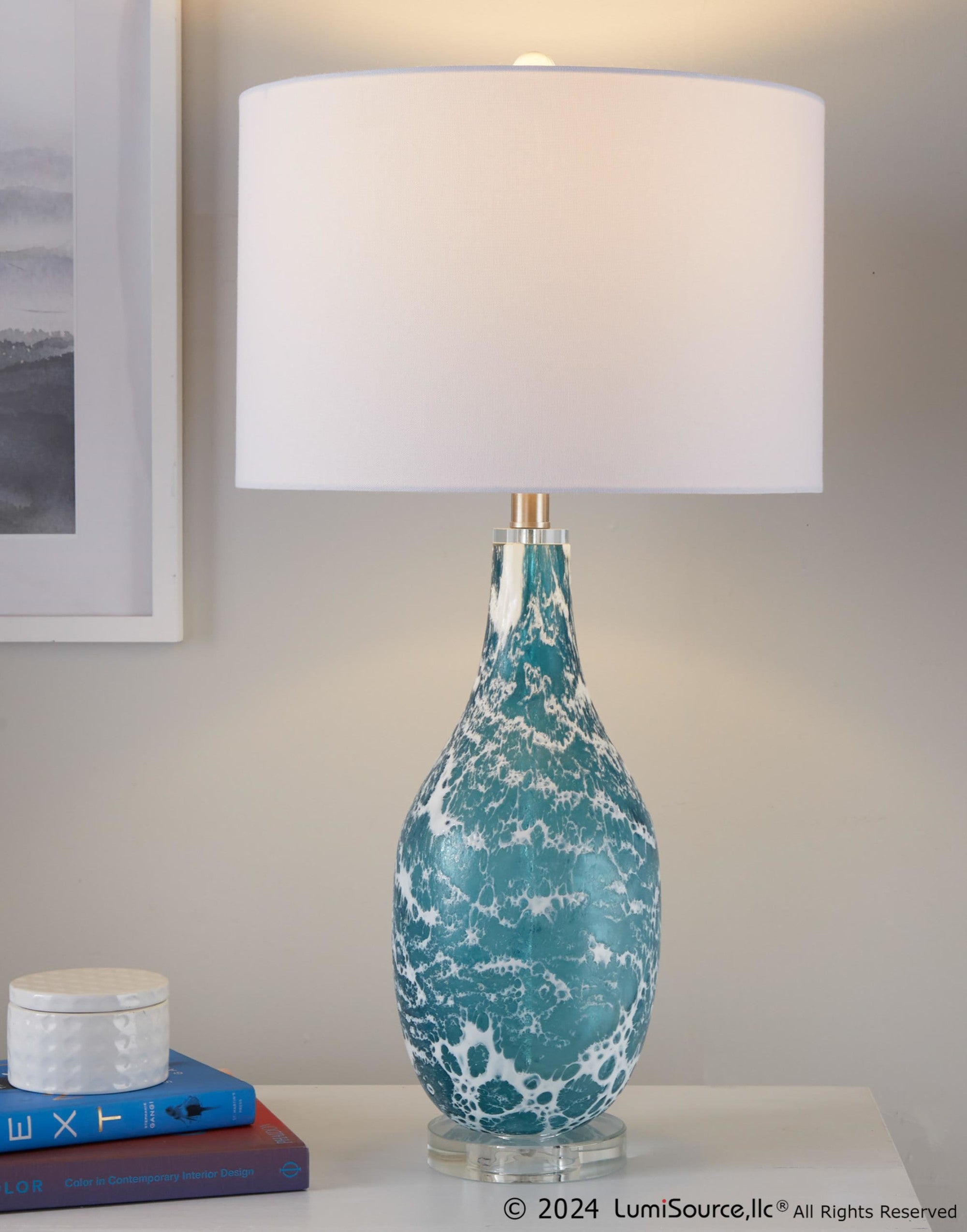Rocca 29" Glass Table Lamp - Set of 2 - Sapphire Blue With White Glass, Brushed Nickel, Clear Crystal, White Linen