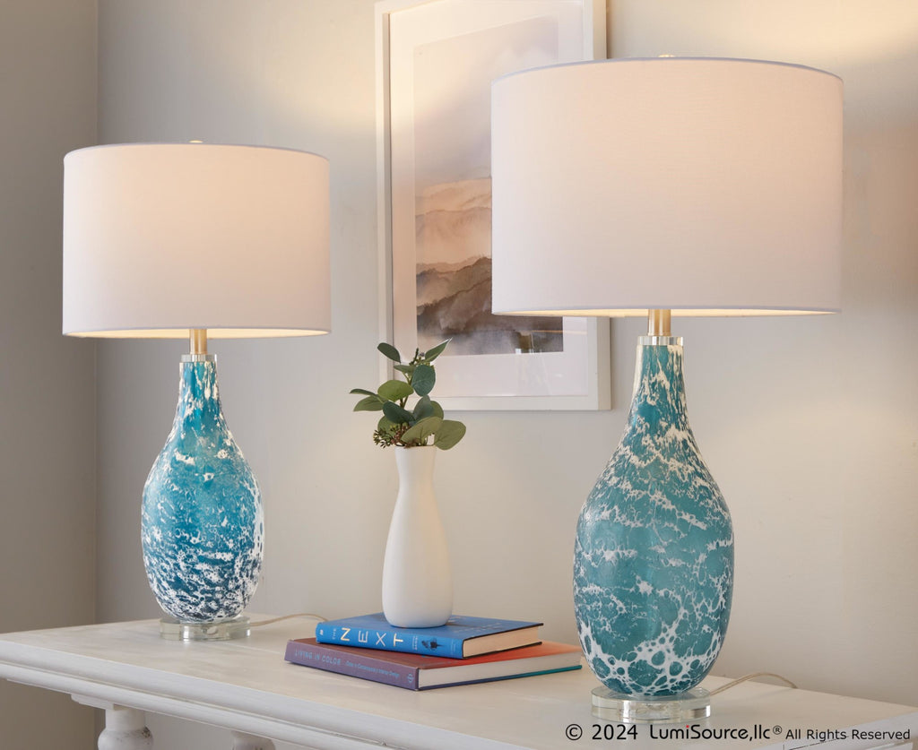 Rocca 29" Glass Table Lamp - Set of 2 - Sapphire Blue With White Glass, Brushed Nickel, Clear Crystal, White Linen