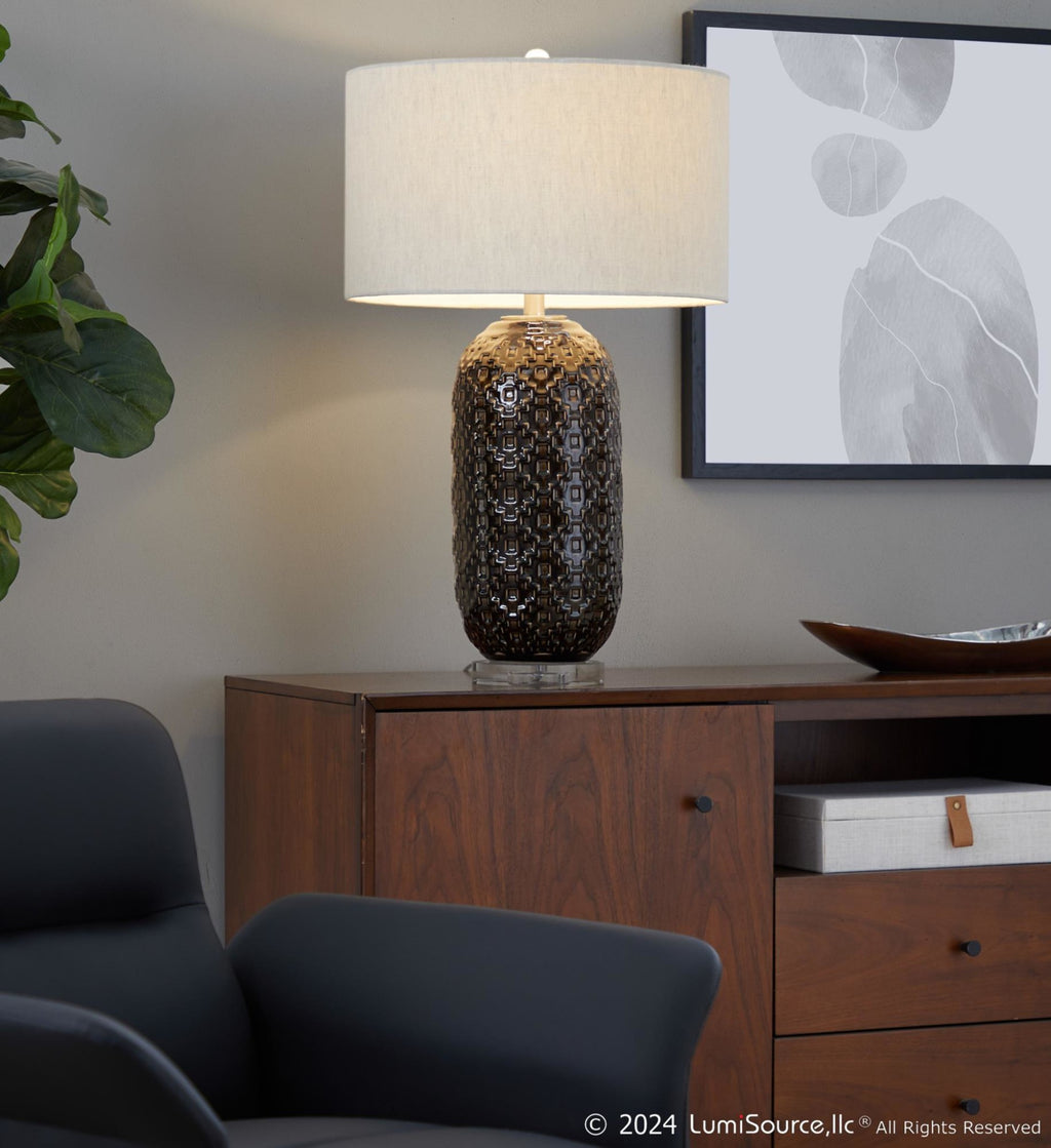 Onyx 30" Ceramic Table Lamp - Dark Grey Crackle Ceramic, Brushed Nickel, Clear Crystal, White Linen