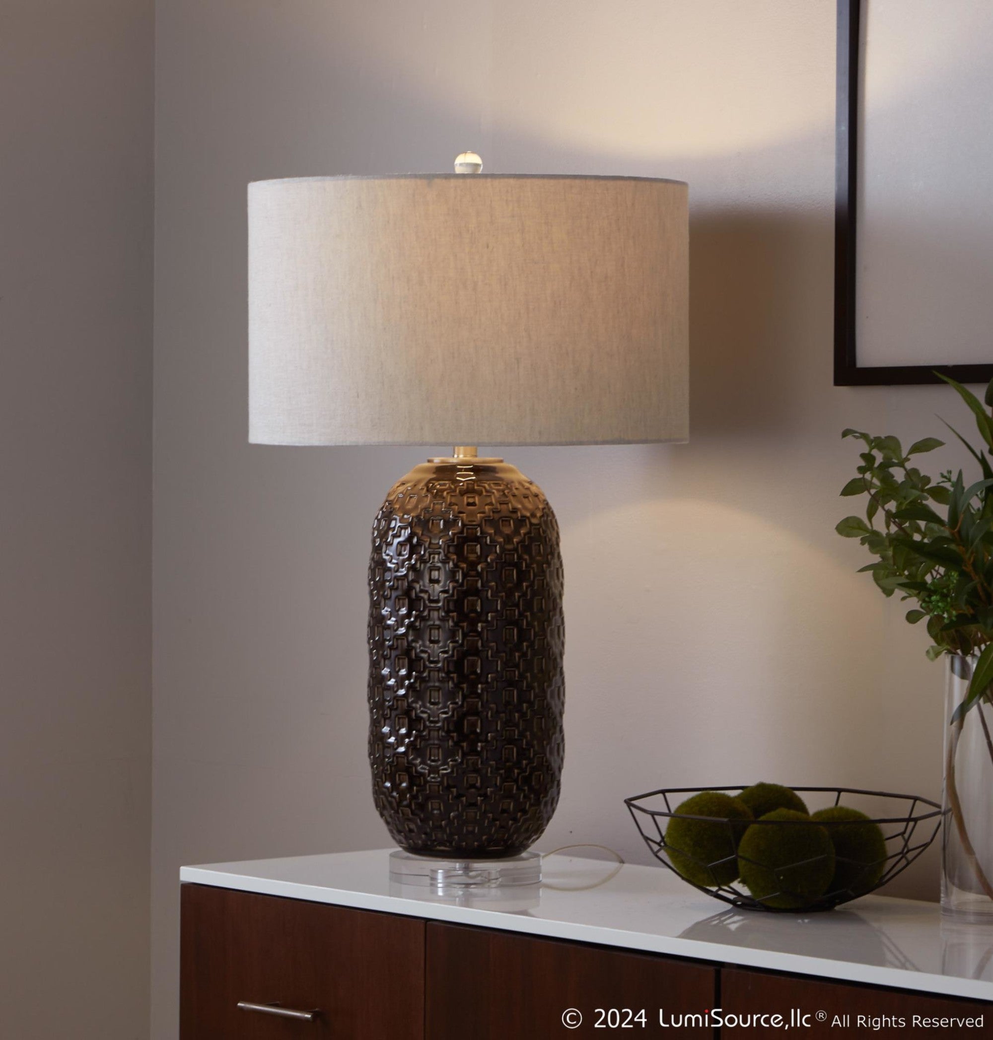 Onyx 30" Ceramic Table Lamp - Dark Grey Crackle Ceramic, Brushed Nickel, Clear Crystal, White Linen