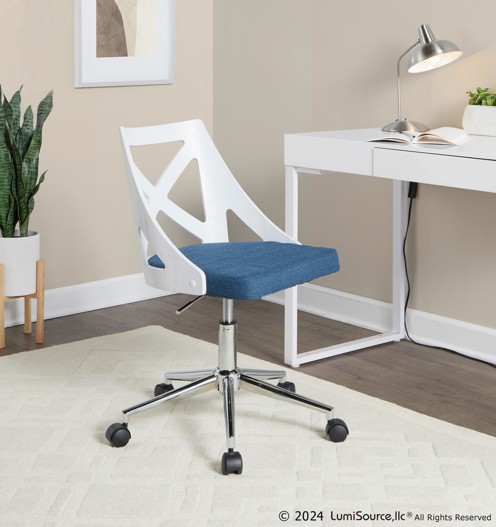 Charlotte Office Chair - Chrome Metal, White Textured Wood, Blue Fabric