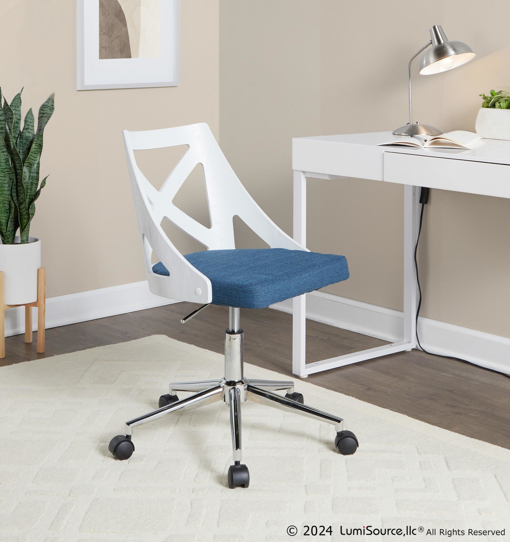 Charlotte Office Chair - Chrome Metal, White Textured Wood, Blue Fabric