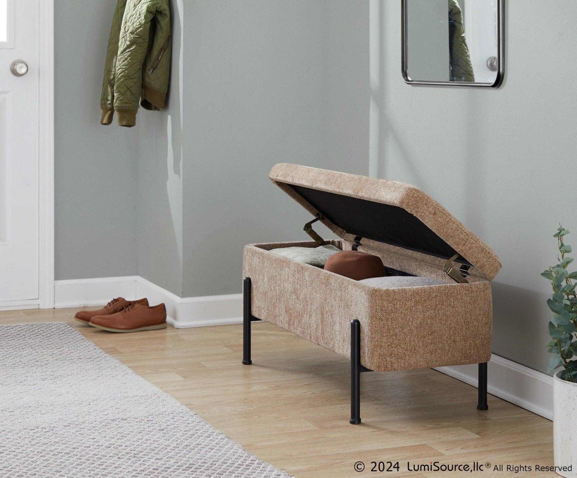 Daniella Storage Bench - Black Steel, Brown Fabric