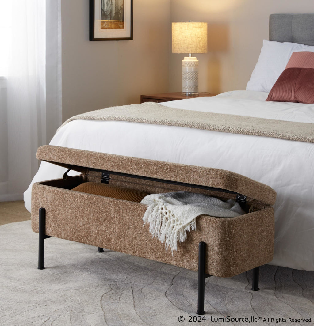 Daniella Storage Bench - Black Steel, Brown Fabric