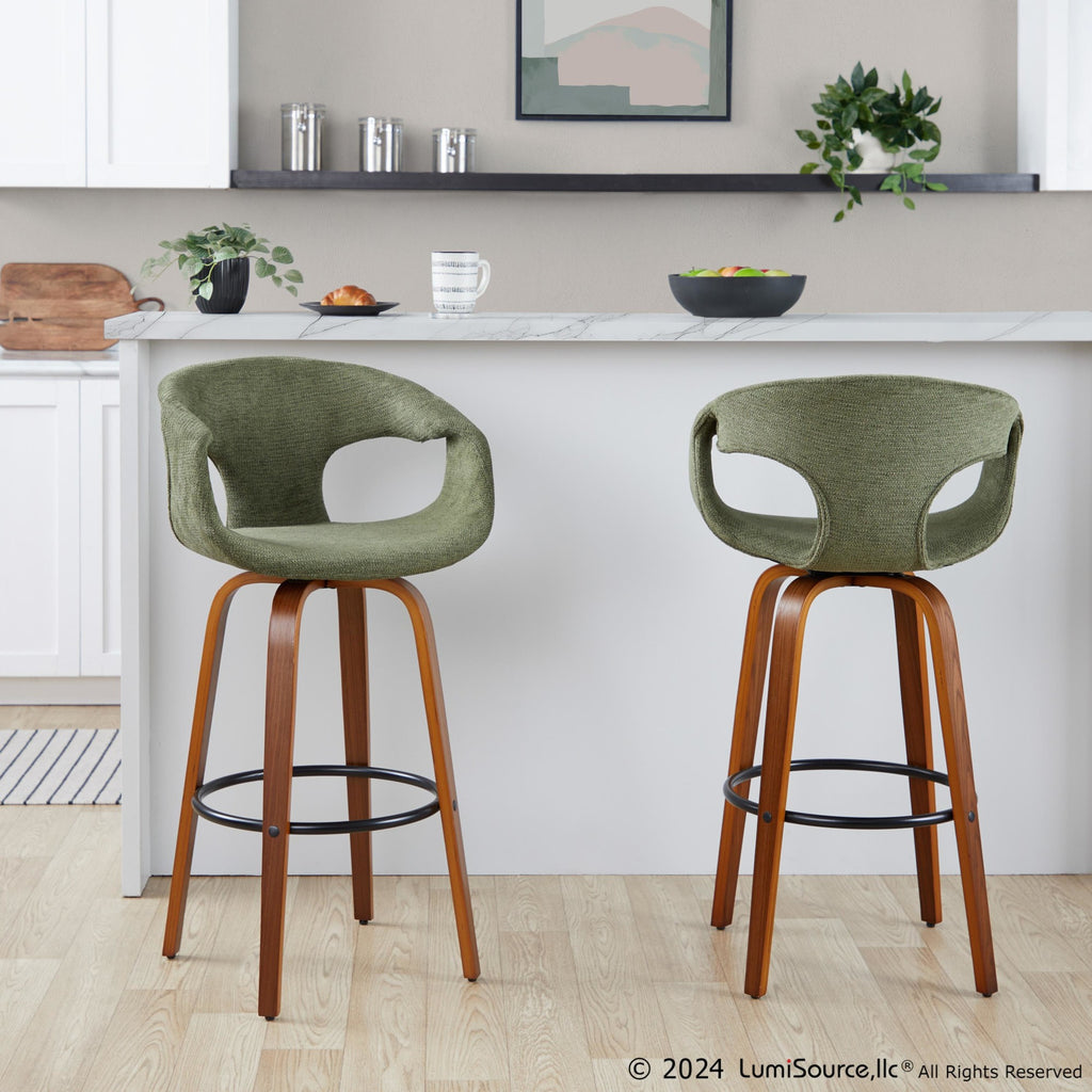 Curva 30" Fixed-Height Barstool - Set of 2 - Walnut Wood, Green Fabric, Black Metal
