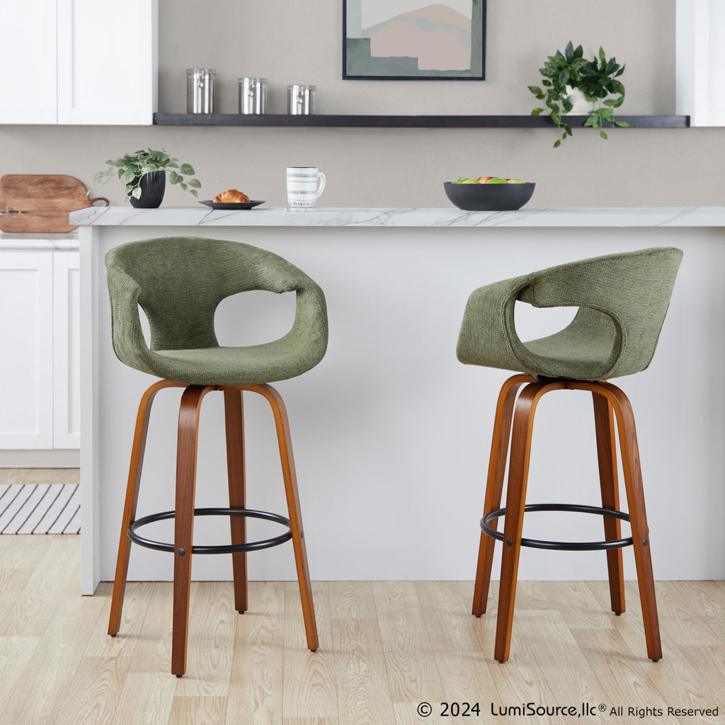 Curva 30" Fixed-Height Barstool - Set of 2 - Walnut Wood, Green Fabric, Black Metal