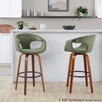 Curva 30" Fixed-Height Barstool - Set of 2 - Walnut Wood, Green Fabric, Black Metal