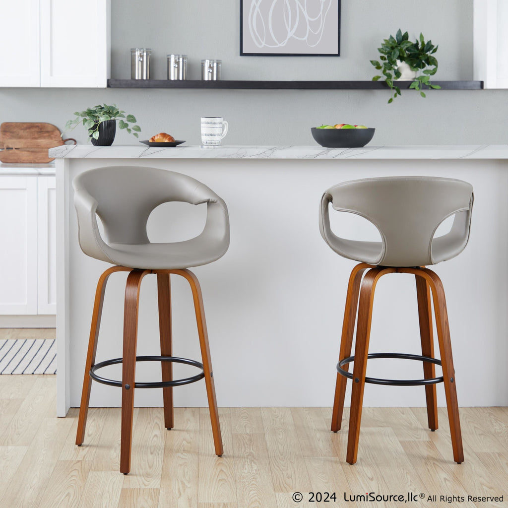 Curva 30" Fixed-Height Barstool - Set of 2 - Walnut Wood, Light Grey PU, Black Metal