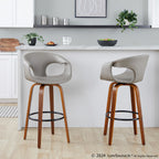 Curva 30" Fixed-Height Barstool - Set of 2 - Walnut Wood, Light Grey PU, Black Metal