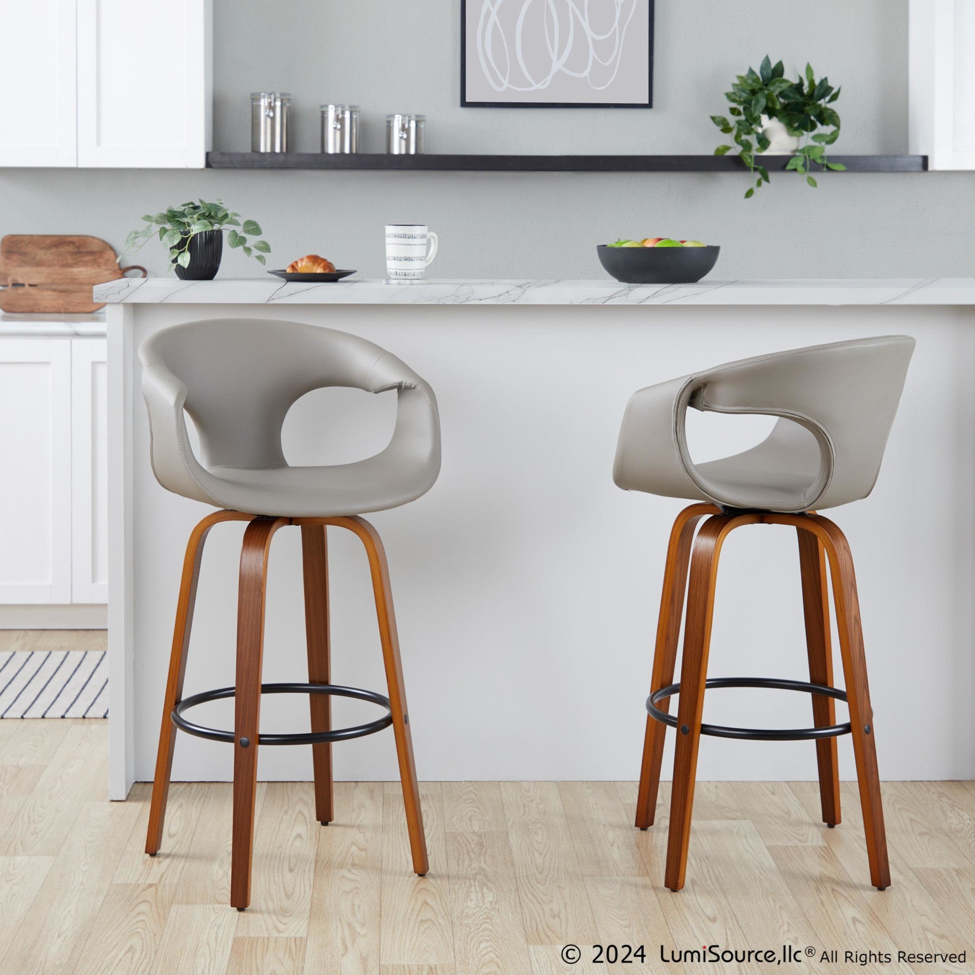Curva 30" Fixed-Height Barstool - Set of 2 - Walnut Wood, Light Grey PU, Black Metal