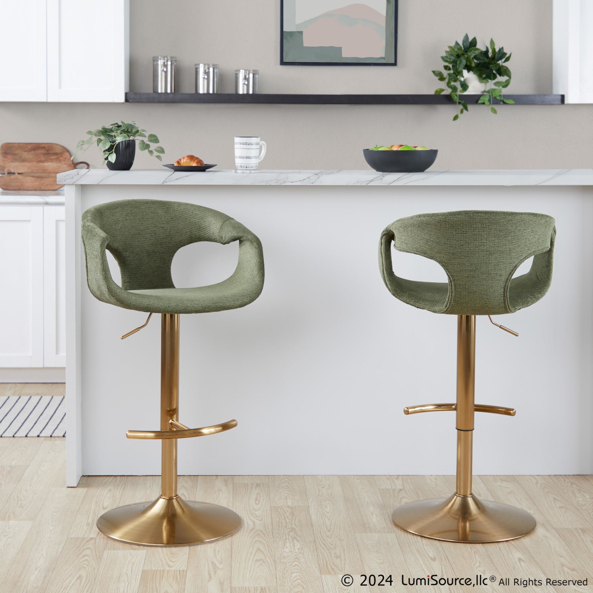 Curva Adjustable Barstool - Set of 2 - Gold Metal, Green Fabric
