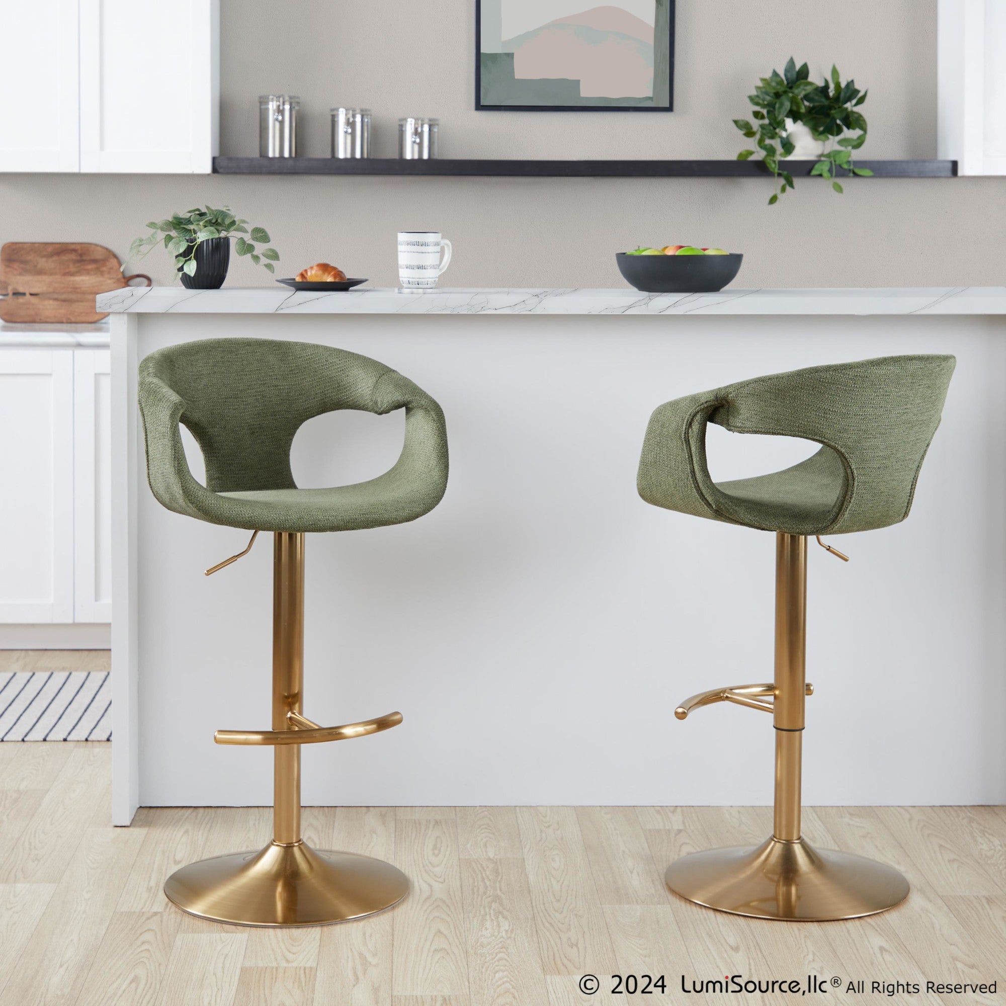 Curva Adjustable Barstool - Set of 2 - Gold Metal, Green Fabric