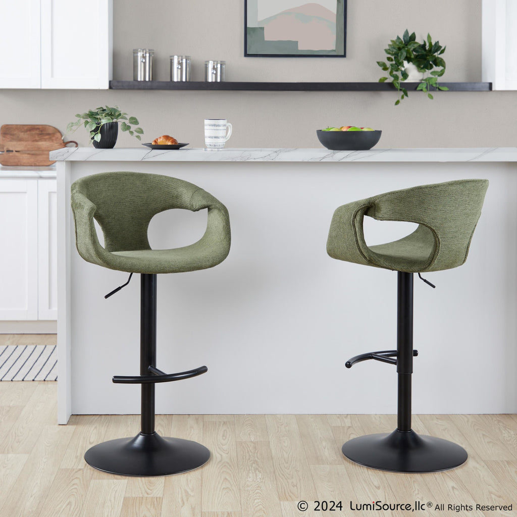 Curva Adjustable Barstool - Set of 2 - Black Metal, Green Fabric