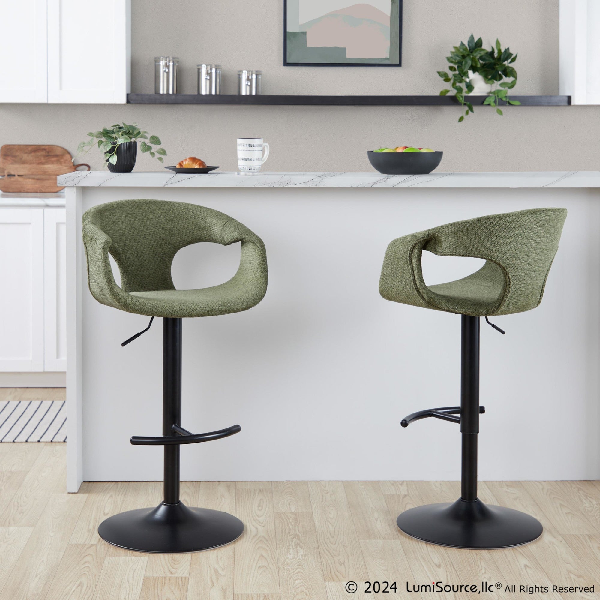 Curva Adjustable Barstool - Set of 2 - Black Metal, Green Fabric