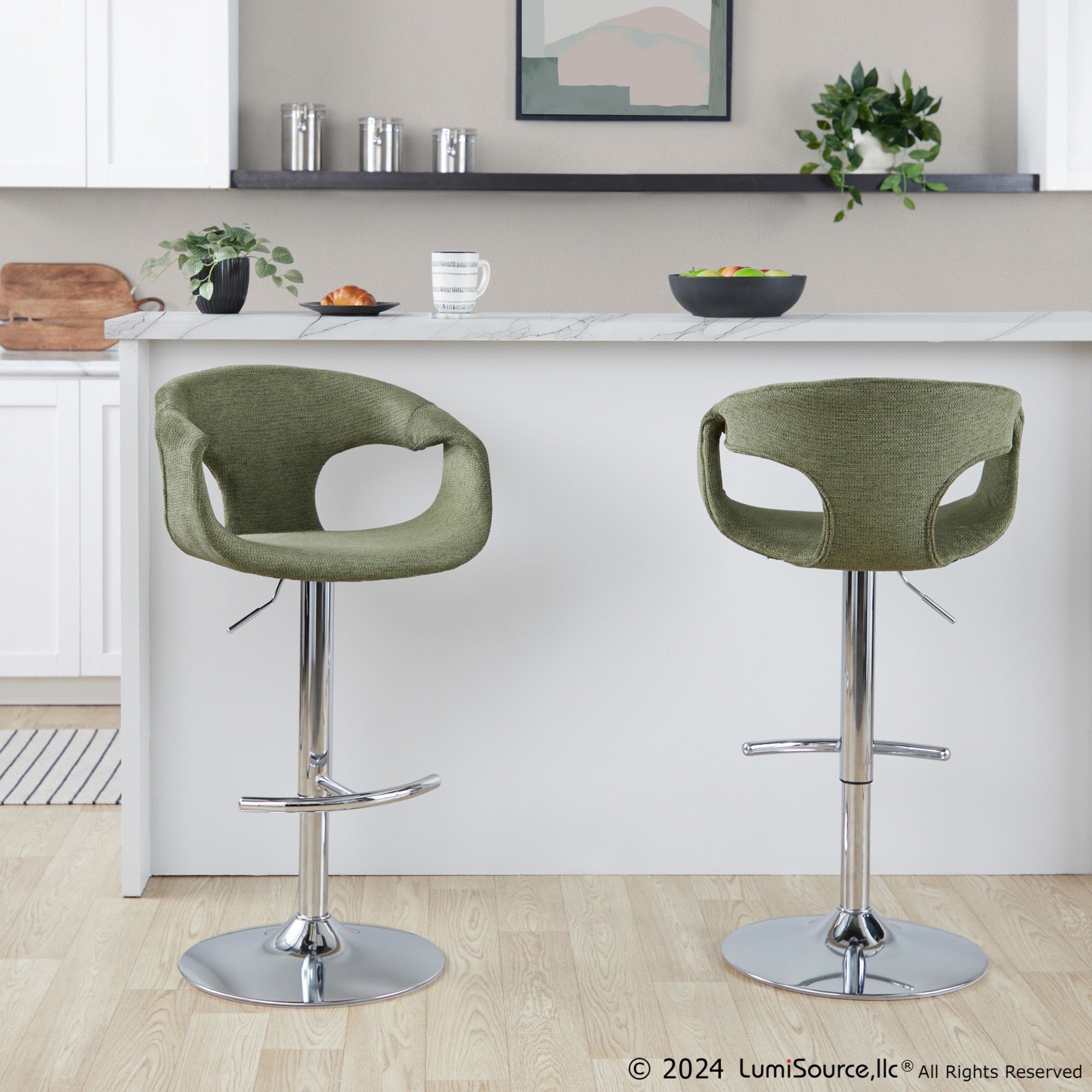 Curva Adjustable Barstool - Set of 2 - Chrome Metal, Green Fabric