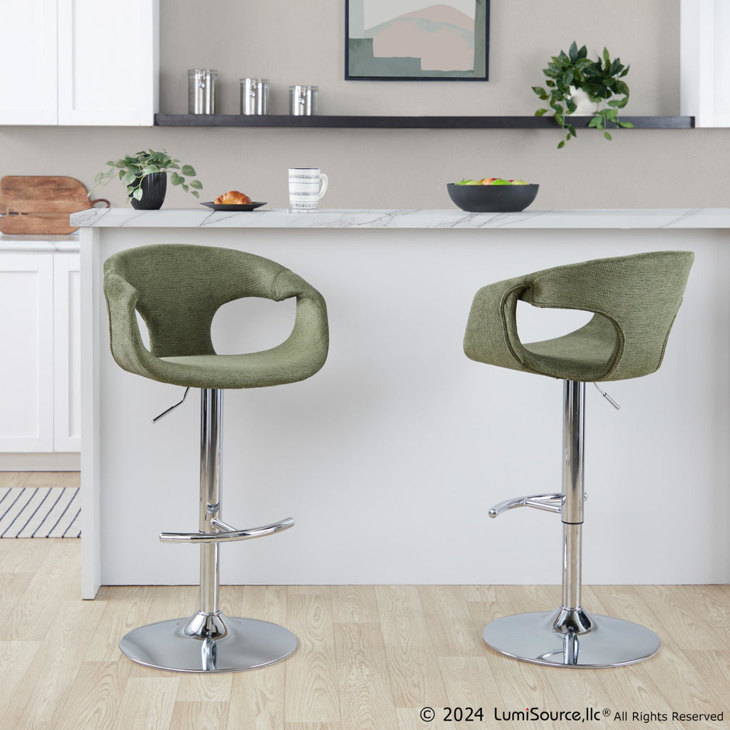 Curva Adjustable Barstool - Set of 2 - Chrome Metal, Green Fabric