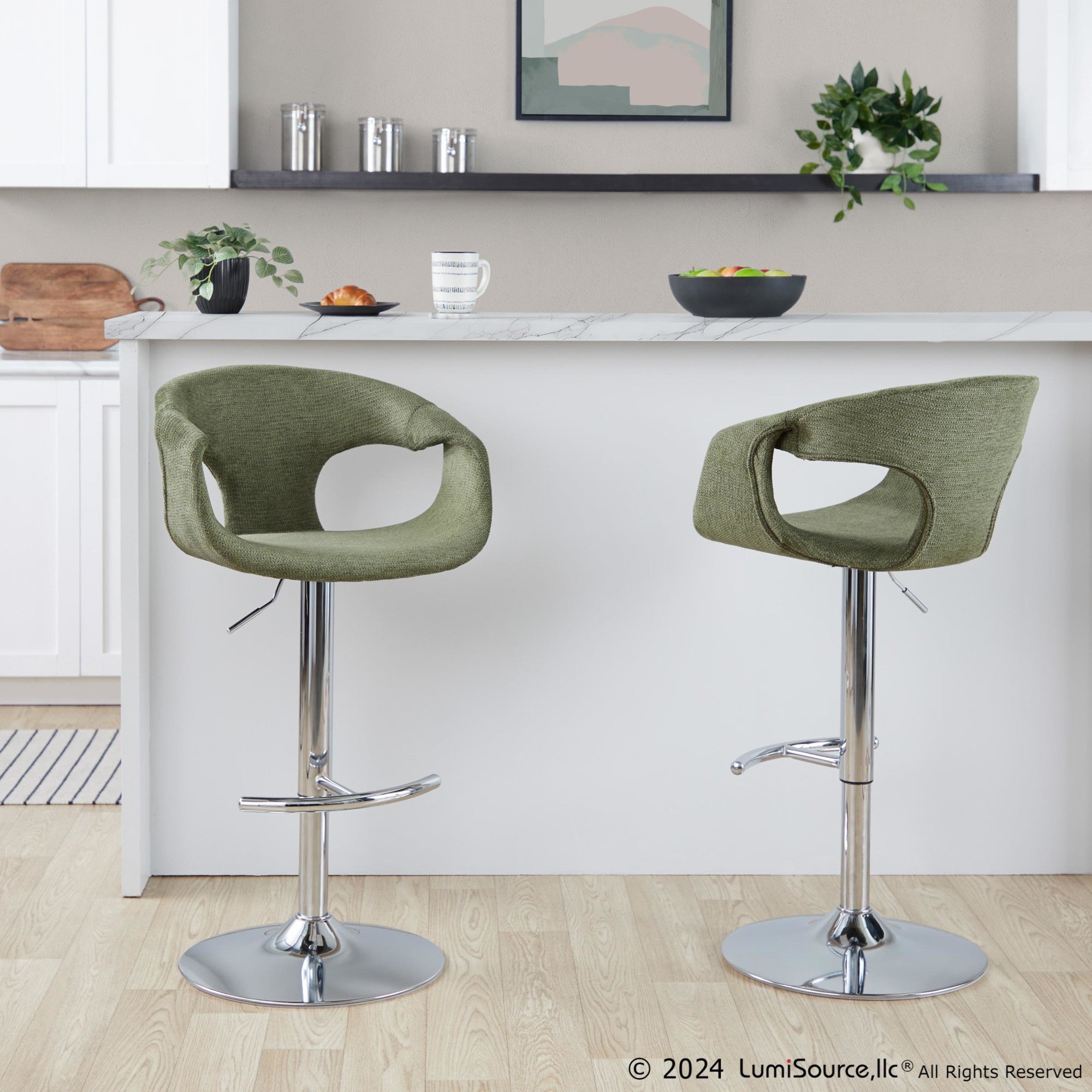 Curva Adjustable Barstool - Set of 2 - Chrome Metal, Green Fabric