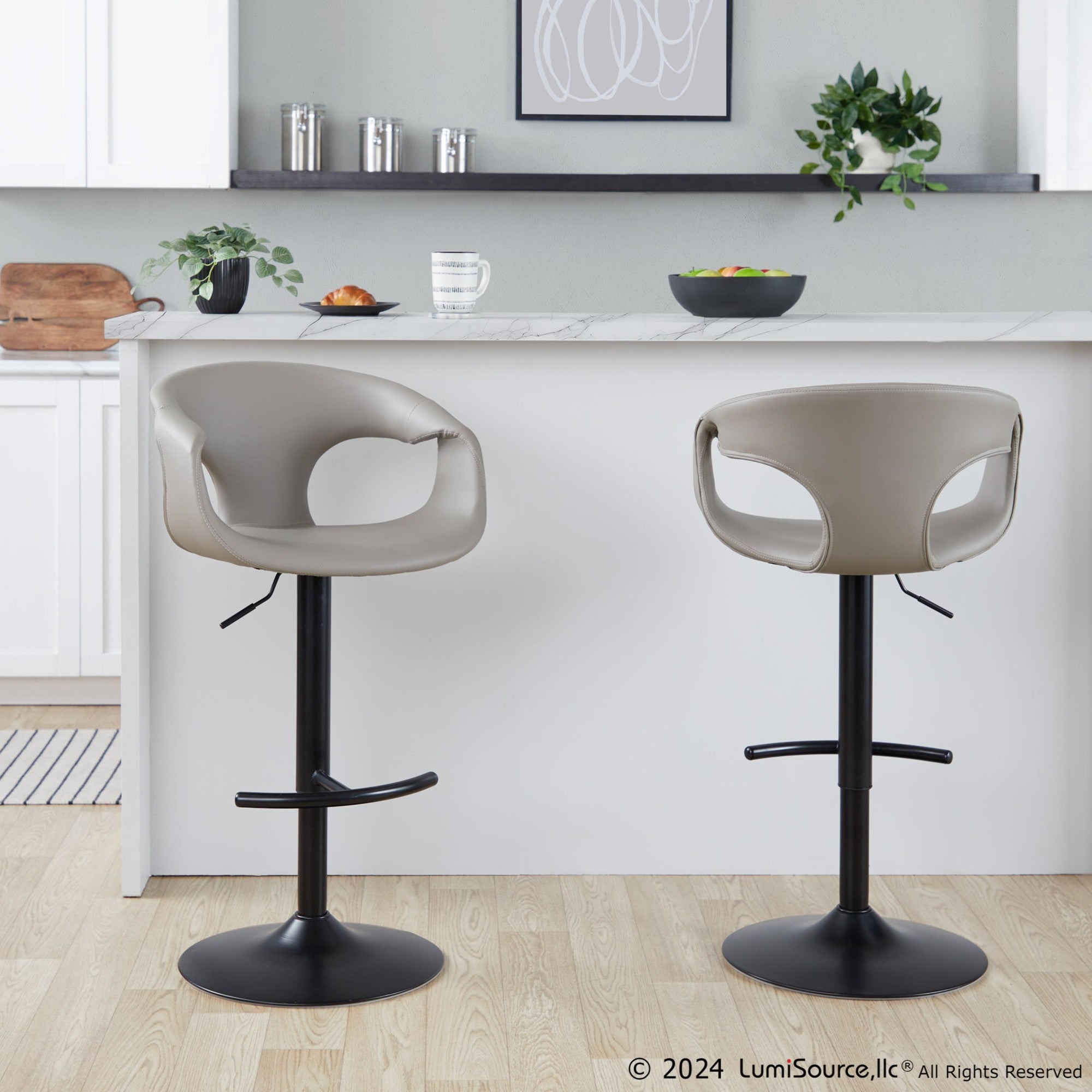 Curva Adjustable Barstool - Set of 2 - Black Metal, Light Grey PU