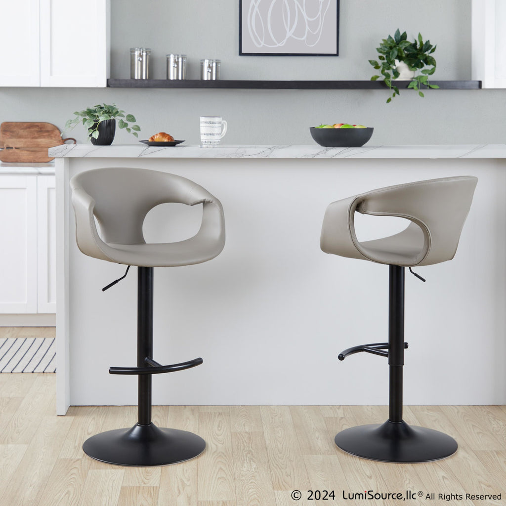 Curva Adjustable Barstool - Set of 2 - Black Metal, Light Grey PU