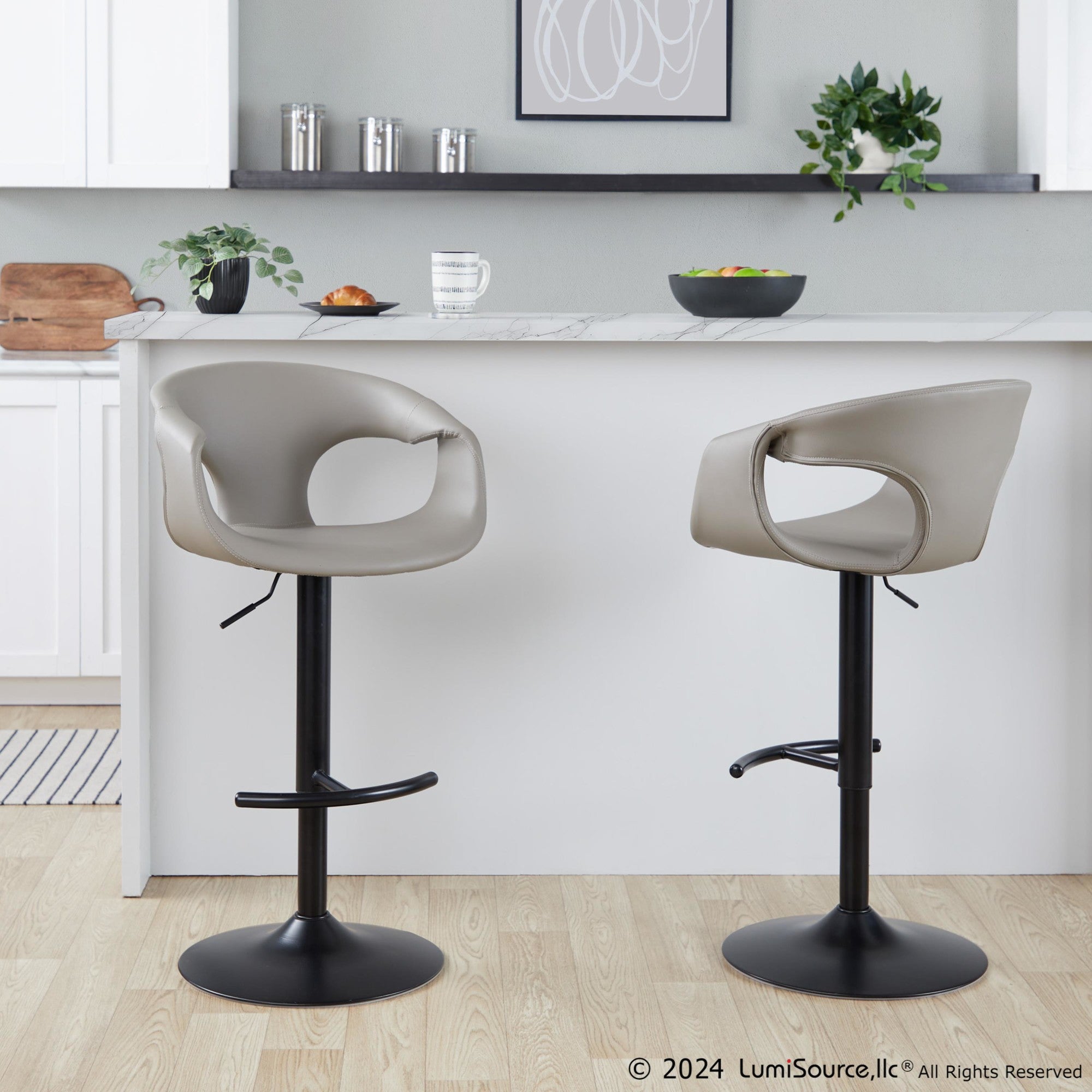 Curva Adjustable Barstool - Set of 2 - Black Metal, Light Grey PU