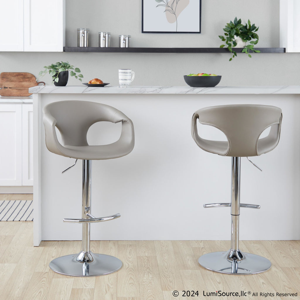 Curva Adjustable Barstool - Set of 2 - Chrome Metal, Light Grey PU