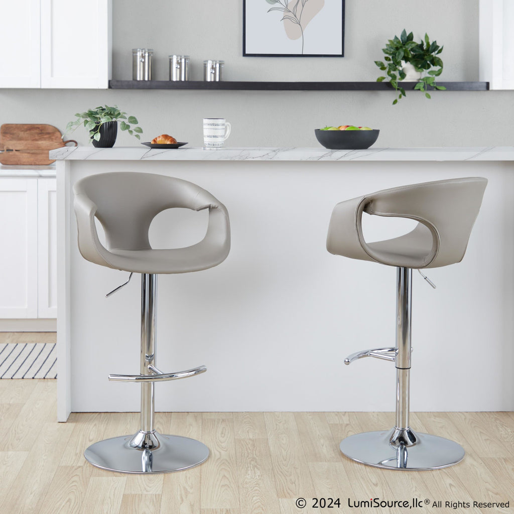 Curva Adjustable Barstool - Set of 2 - Chrome Metal, Light Grey PU