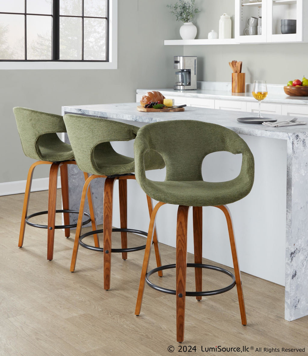 Curva 26" Fixed-Height Counter Stool - Set of 2 - Walnut Wood, Green Fabric, Black Metal