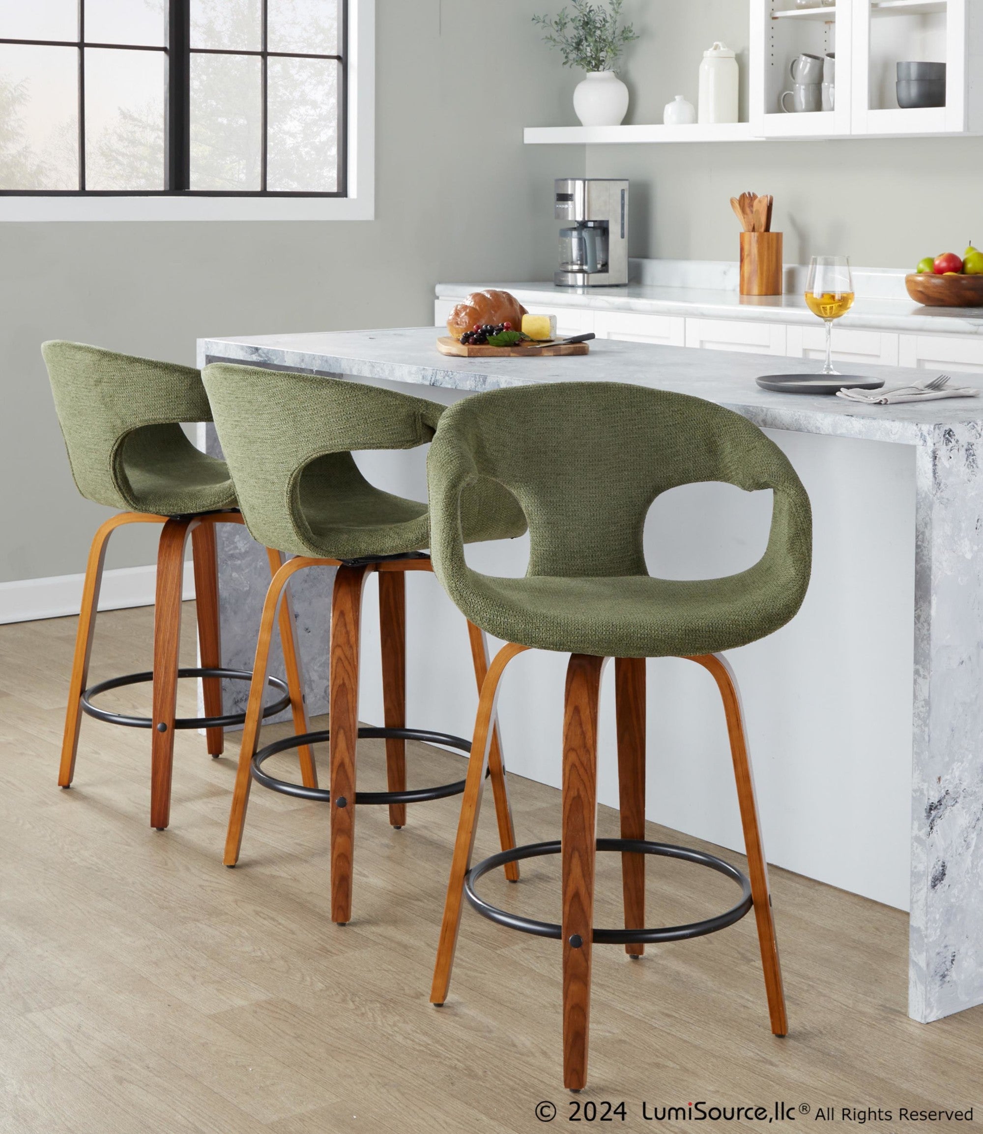 Curva 26" Fixed-Height Counter Stool - Set of 2 - Walnut Wood, Green Fabric, Black Metal