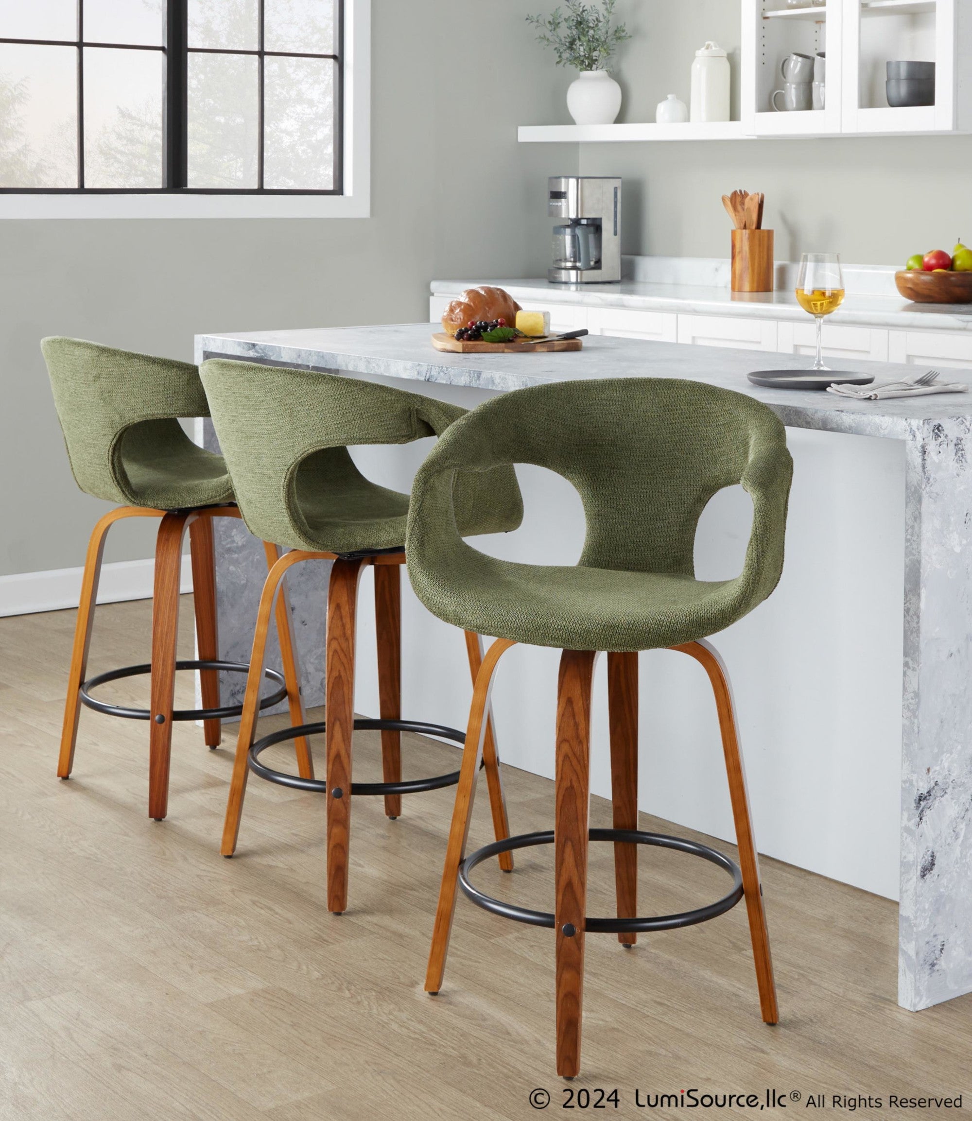 Curva 26" Fixed-Height Counter Stool - Set of 2 - Walnut Wood, Green Fabric, Black Metal