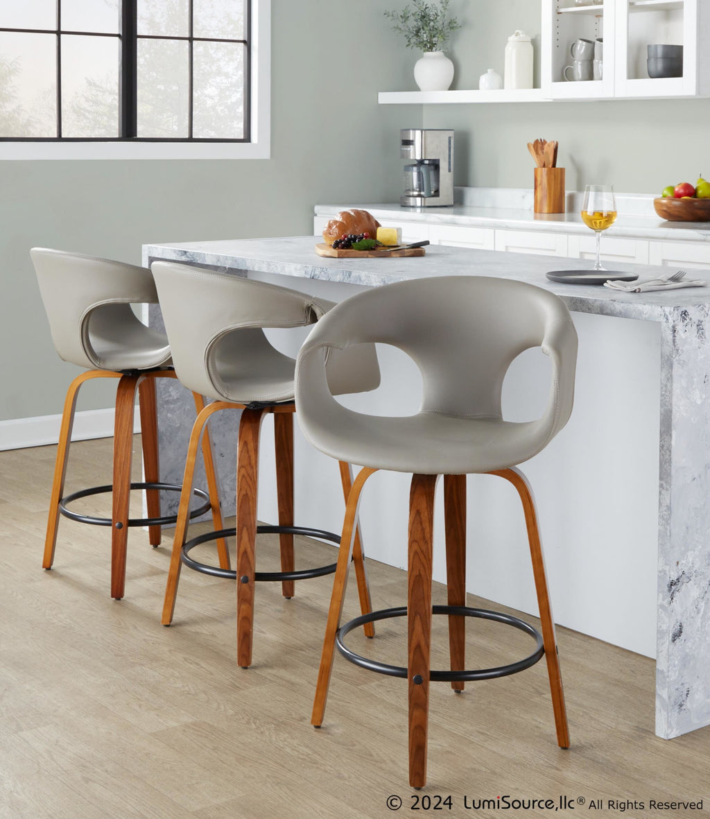 Curva 26" Fixed-Height Counter Stool - Set of 2 - Walnut Wood, Light Grey PU, Black Metal