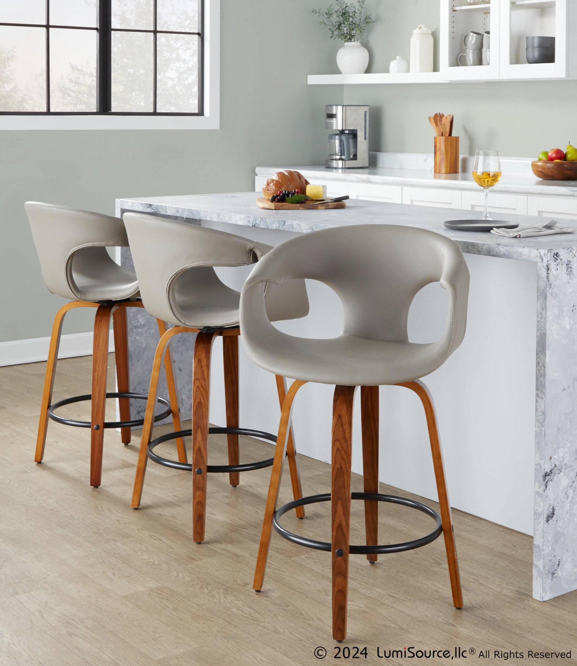 Curva 26" Fixed-Height Counter Stool - Set of 2 - Walnut Wood, Light Grey PU, Black Metal