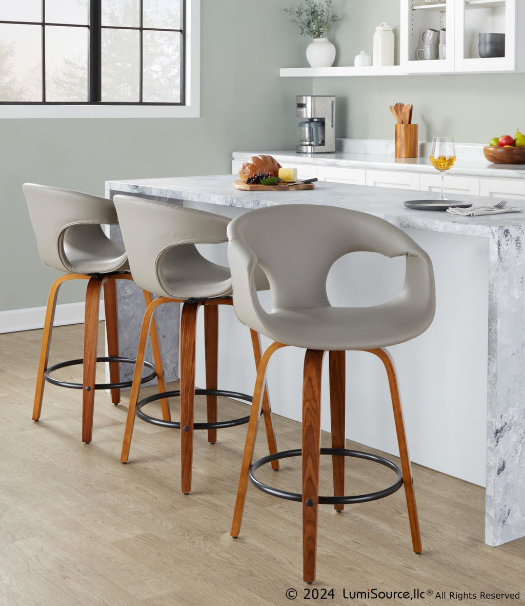 Curva 26" Fixed-Height Counter Stool - Set of 2 - Walnut Wood, Light Grey PU, Black Metal