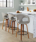 Curva 26" Fixed-Height Counter Stool - Set of 2 - Walnut Wood, Light Grey PU, Black Metal