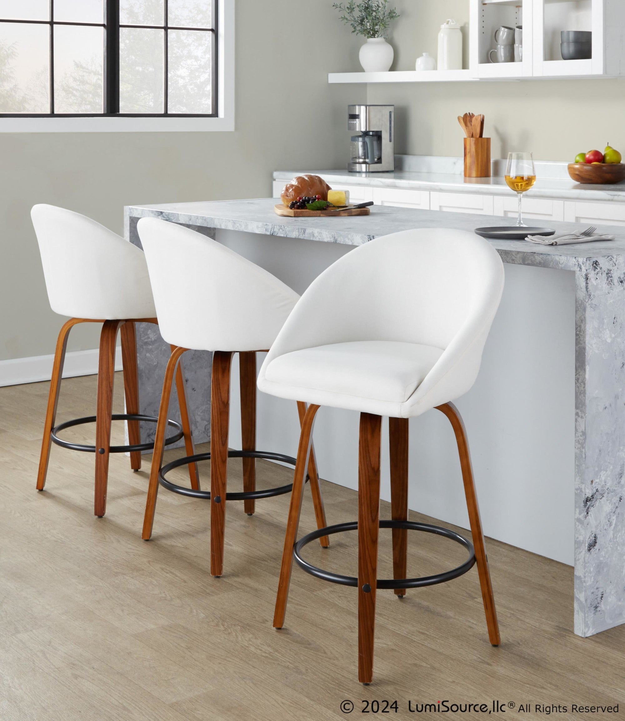 Matisse High Back 26" Fixed-Height Counter Stool - Set of 2 - Walnut Wood, Cream Fabric, Black Metal