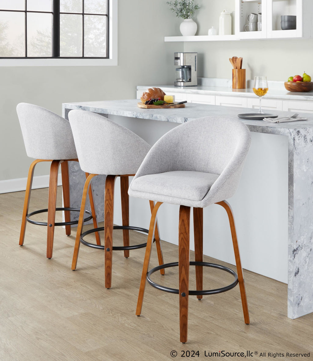 Matisse High Back 26" Fixed-Height Counter Stool - Set of 2 - Walnut Wood, Grey Fabric, Black Metal