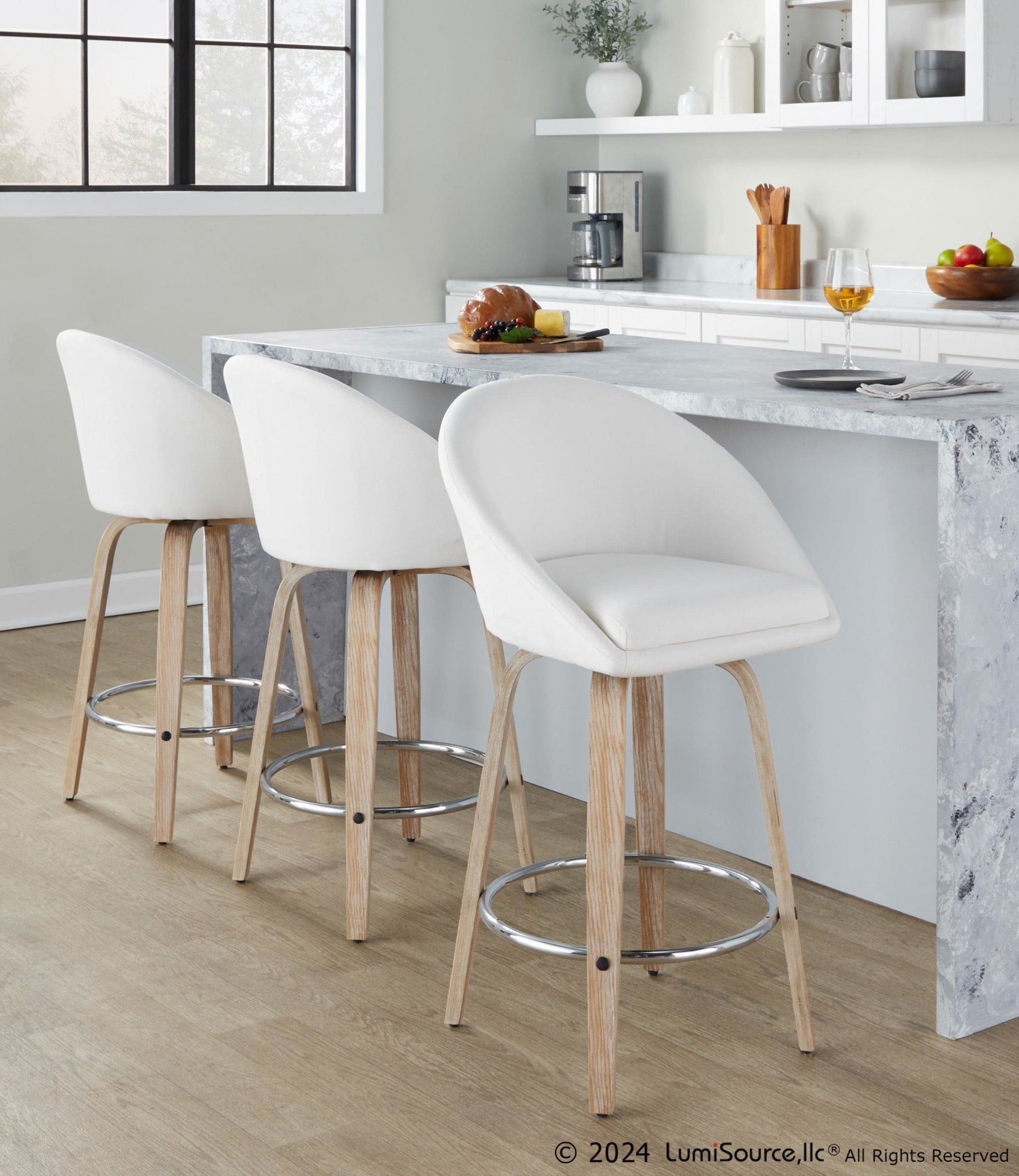 Matisse High Back 26" Fixed-Height Counter Stool - Set of 2 - Whitewashed Wood, Cream Fabric, Chrome Metal