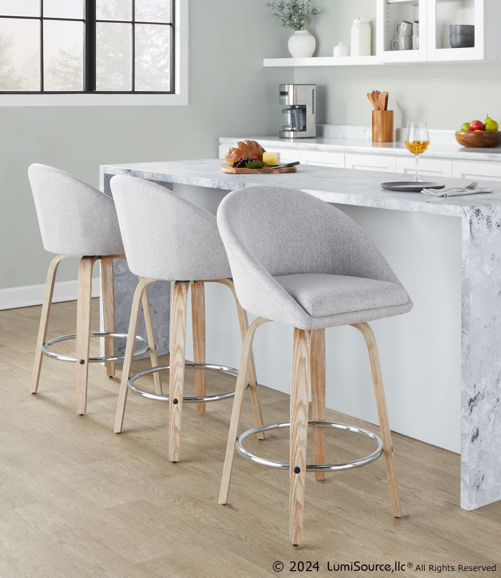 Matisse High Back 26" Fixed-Height Counter Stool - Set of 2 - Whitewashed Wood, Grey Fabric, Chrome Metal