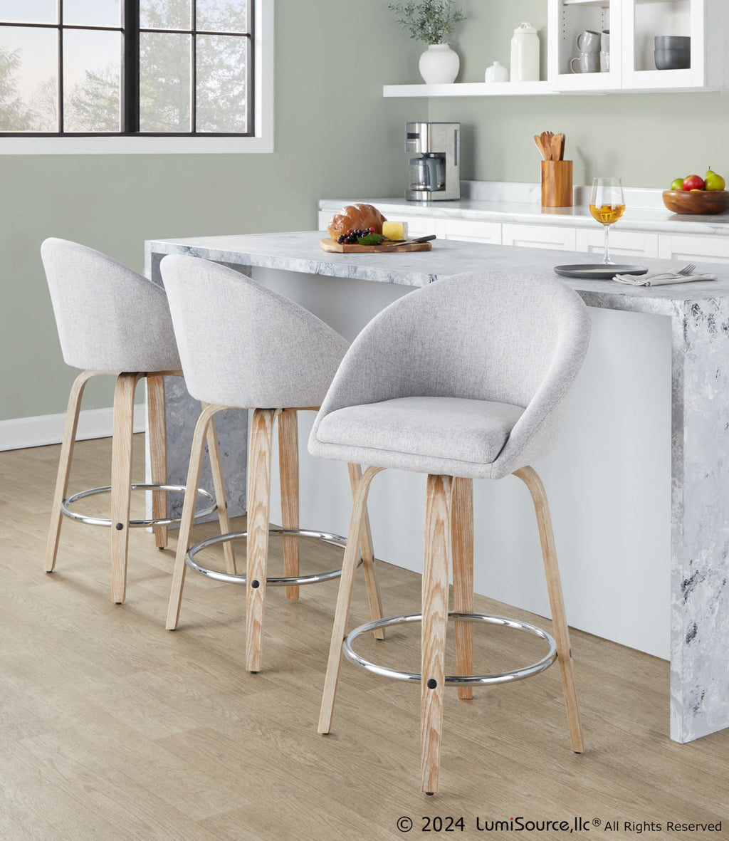 Matisse High Back 26" Fixed-Height Counter Stool - Set of 2 - Whitewashed Wood, Grey Fabric, Chrome Metal