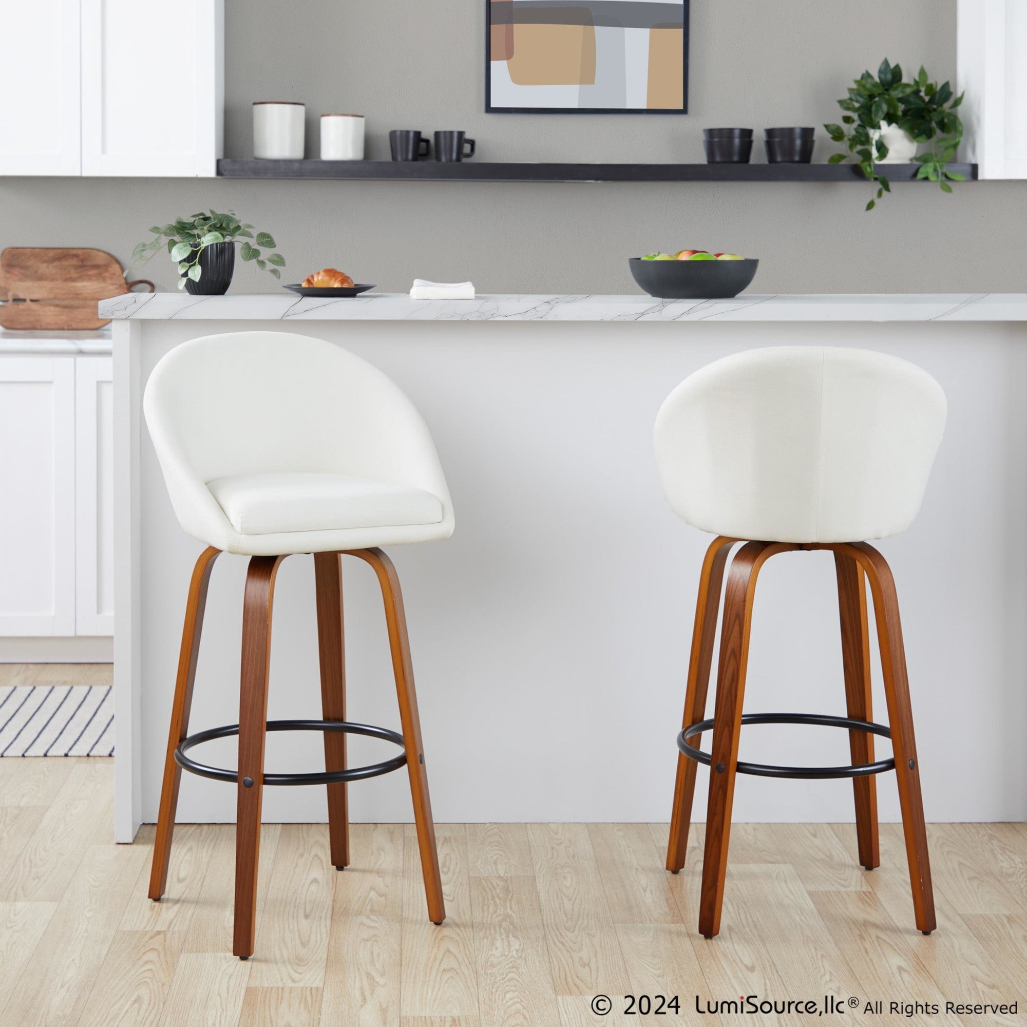 Matisse High Back 30" Fixed-Height Barstool - Set of 2 - Walnut Wood, Cream Fabric, Black Metal