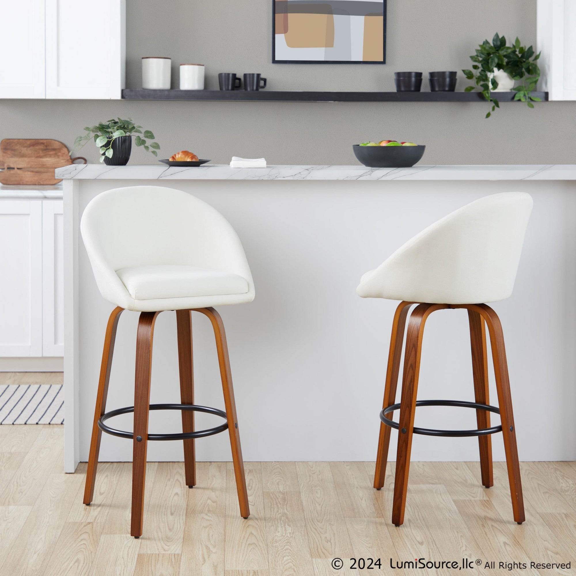 Matisse High Back 30" Fixed-Height Barstool - Set of 2 - Walnut Wood, Cream Fabric, Black Metal