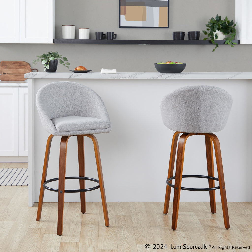 Matisse High Back 30" Fixed-Height Barstool - Set of 2 - Walnut Wood, Grey Fabric, Black Metal