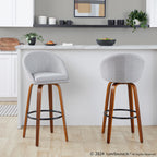 Matisse High Back 30" Fixed-Height Barstool - Set of 2 - Walnut Wood, Grey Fabric, Black Metal