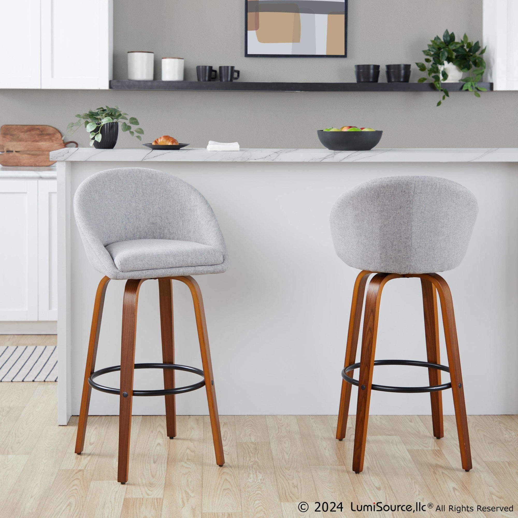 Matisse High Back 30" Fixed-Height Barstool - Set of 2 - Walnut Wood, Grey Fabric, Black Metal
