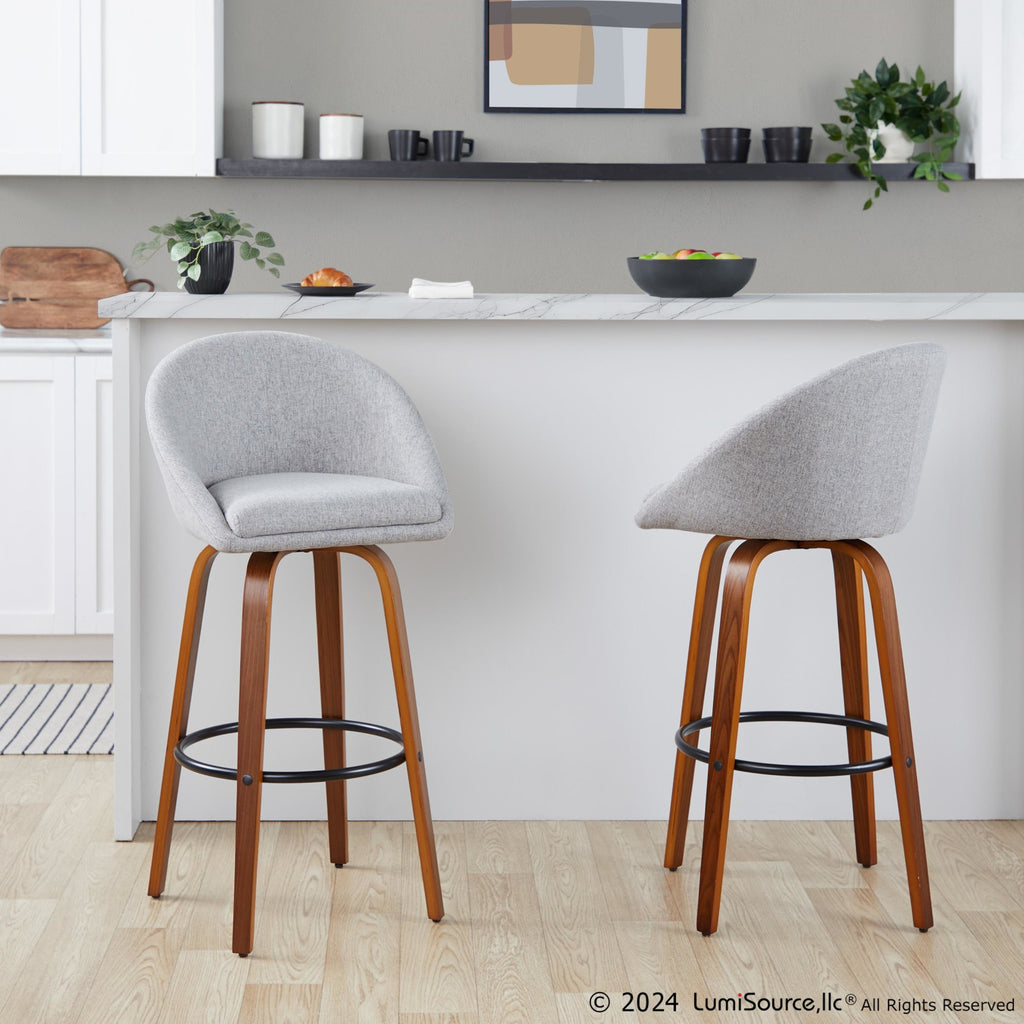 Matisse High Back 30" Fixed-Height Barstool - Set of 2 - Walnut Wood, Grey Fabric, Black Metal